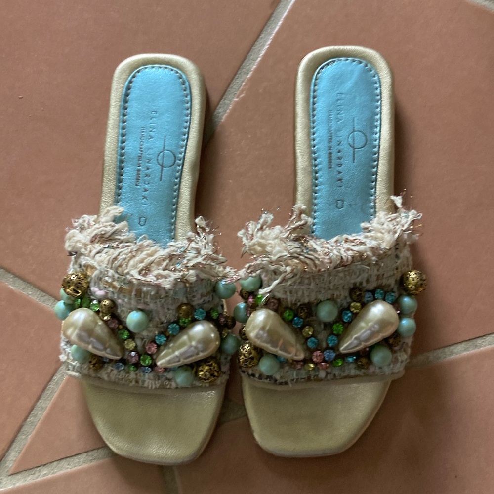 Crystal and beaded sandals with fringe and fabric back